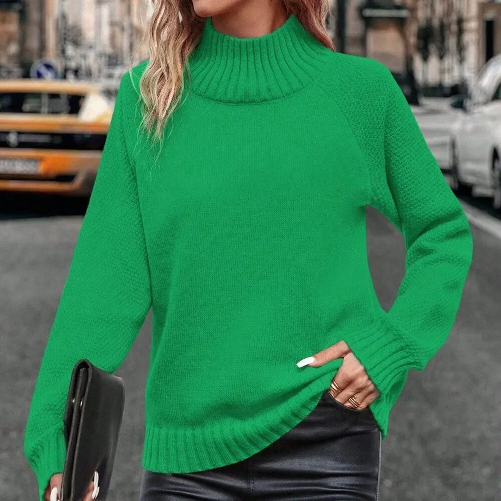 Green Casual Women's Turtleneck Pullover Sweater with Raglan Sleeve